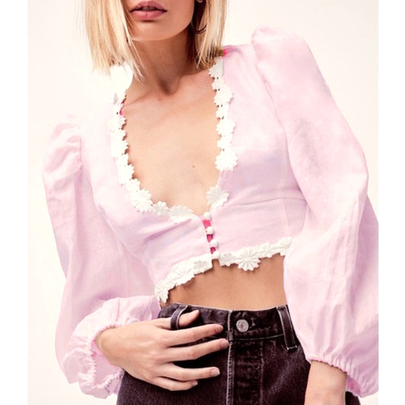 For Love And Lemons Tops - For Love and Lemons Women Pink Puff Sleeve Crop Top Size Large Peasant Boho Lace
